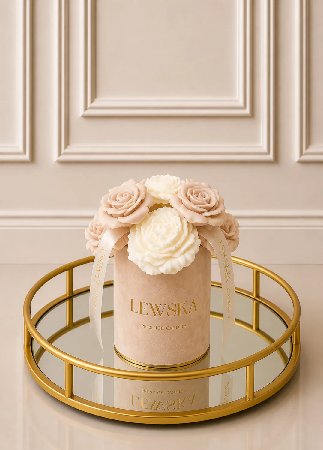 Flowerbox  M beżowy. Kwiaty  biało- beżowe