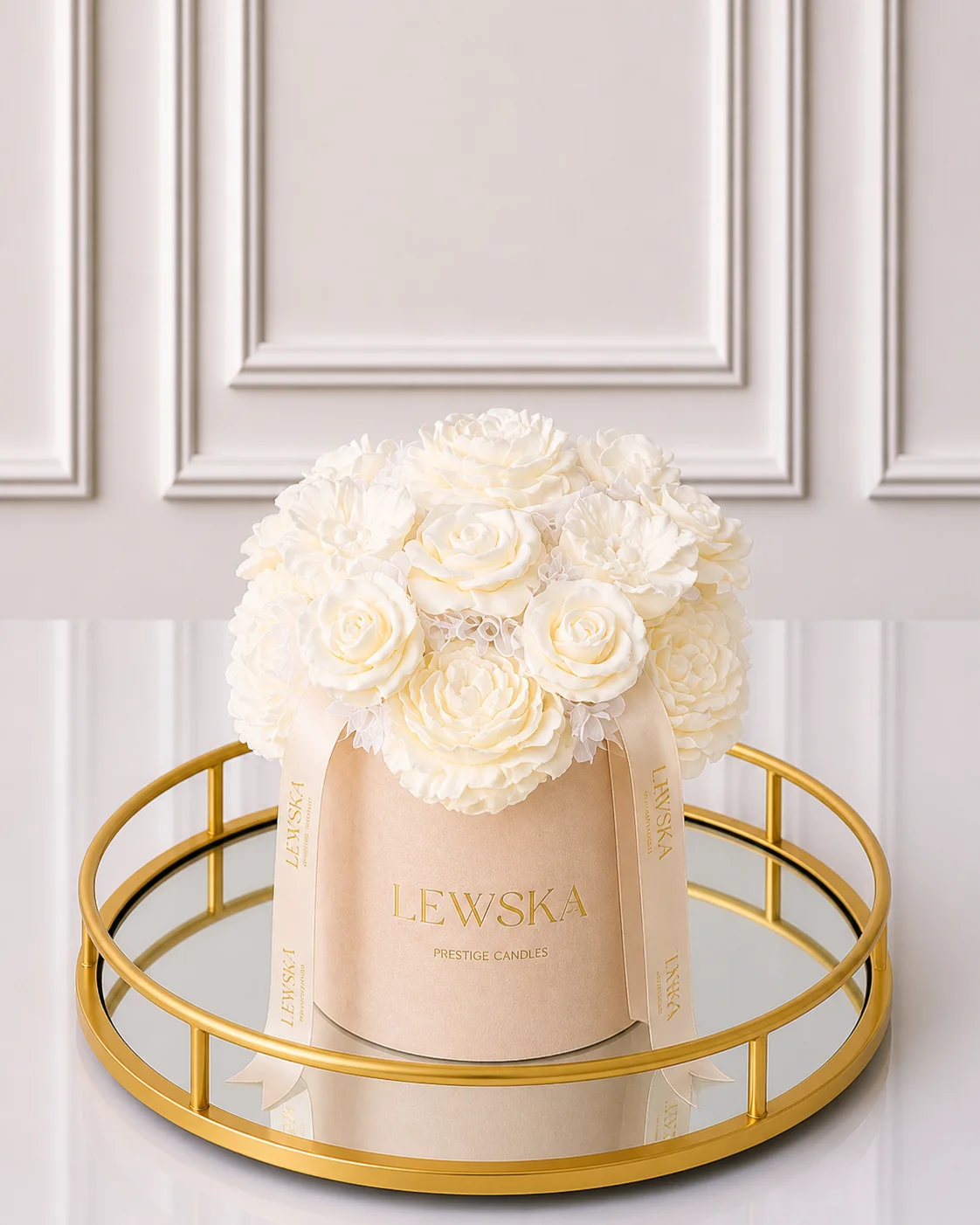 Flowerbox L beżowy. Mix kwiatów białych