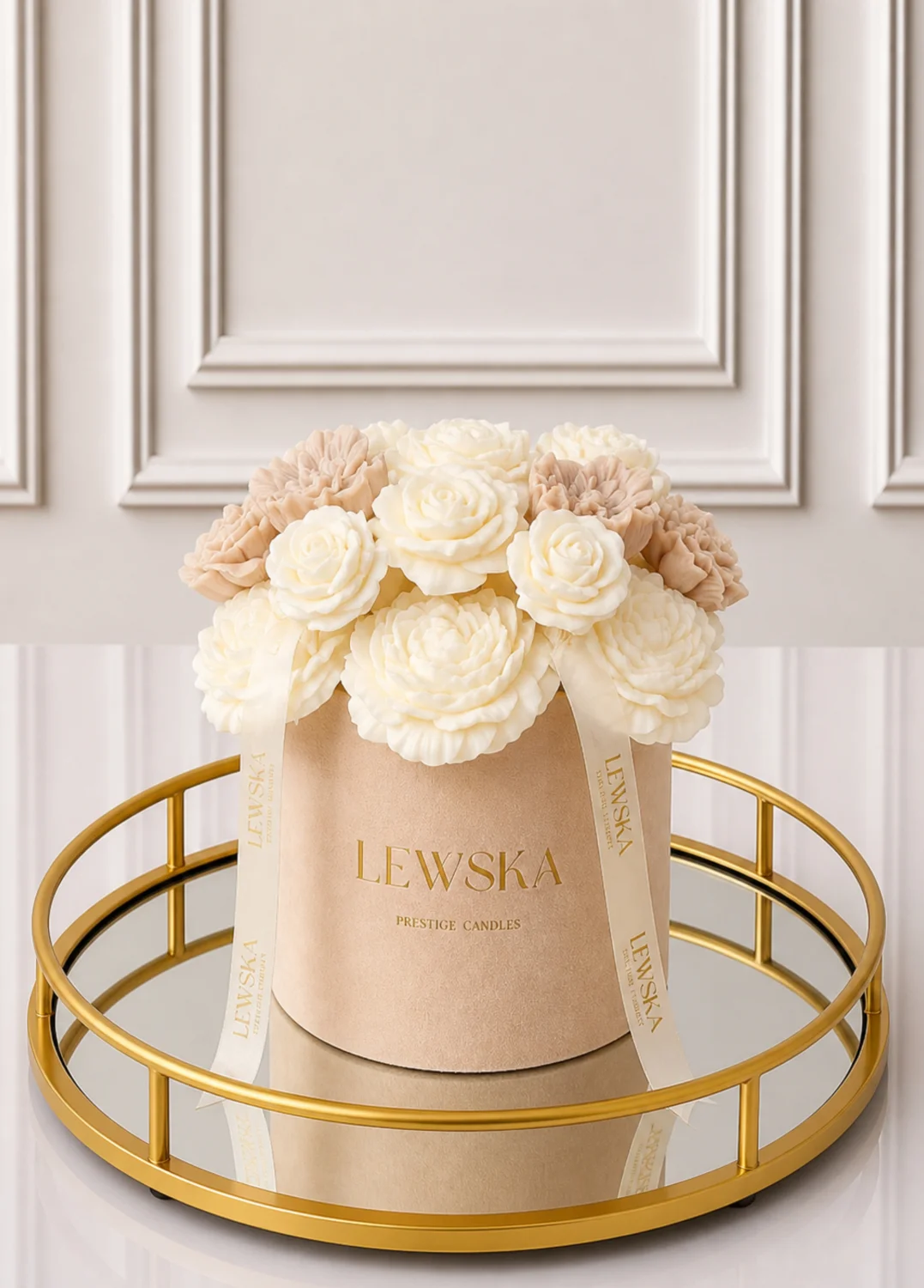 Flowerbox L beżowy. Mix kwiatów biało-beżowych