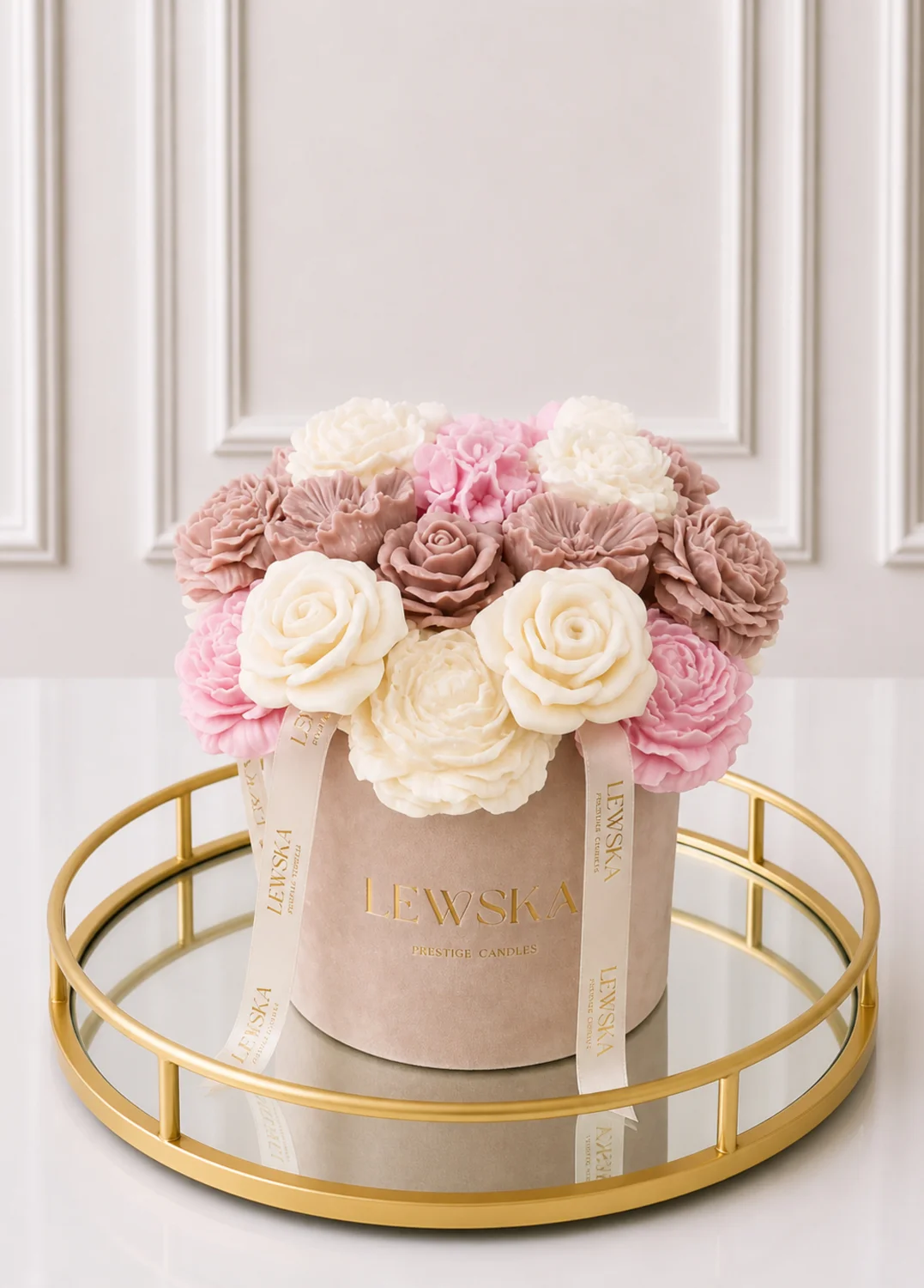 Flowerbox L beżowy. Mix kwiatów biało-beżowo-różowe