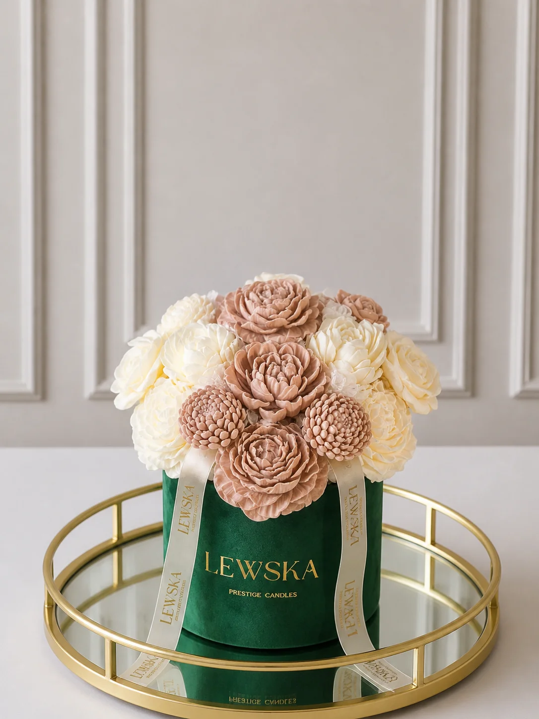Flowerbox L butlkowa zieleń- kwiaty biało- beżowe