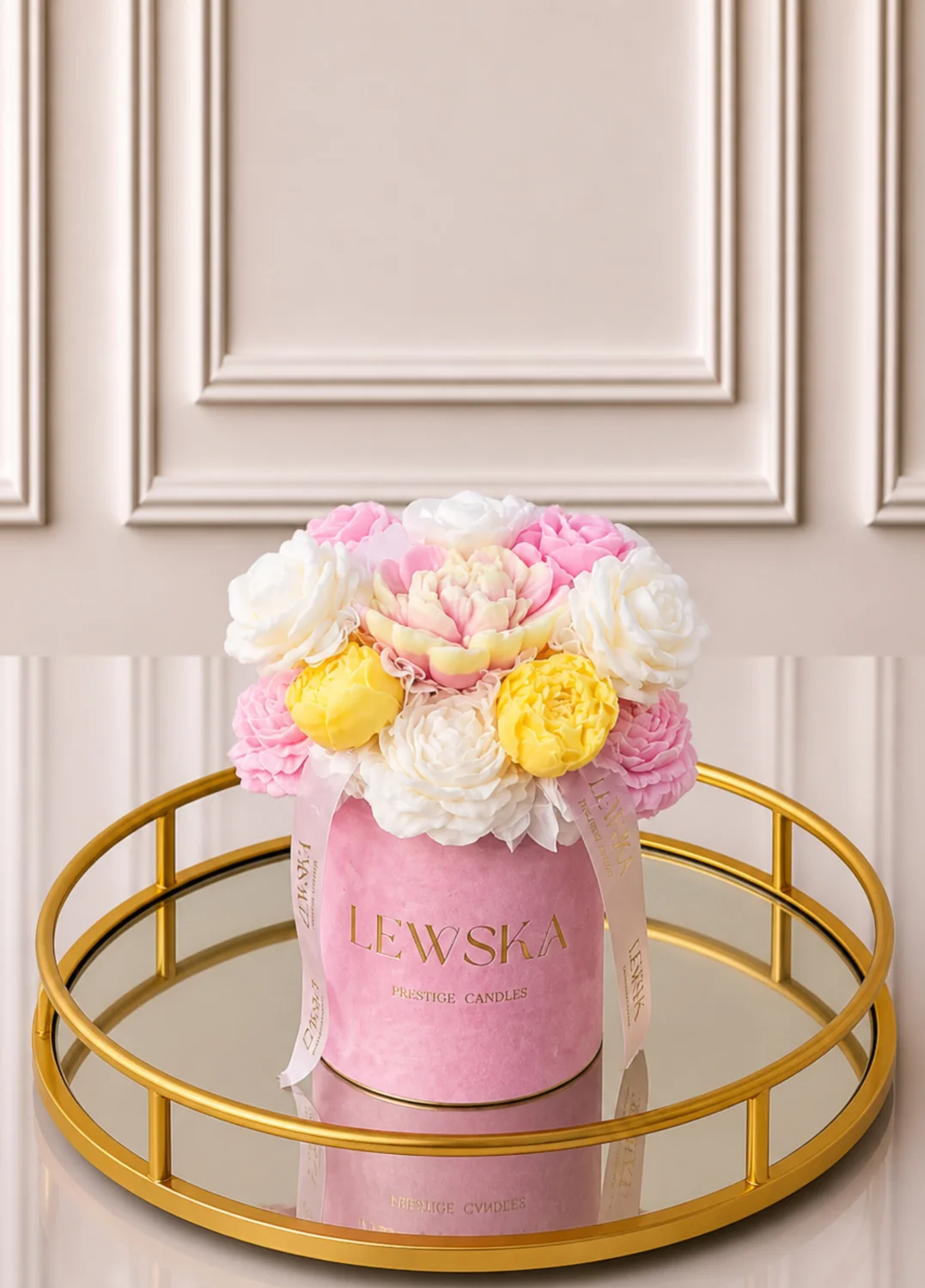 Flowerbox  sojowy M pudrowy róż- kwiaty biało-różowo-żółte