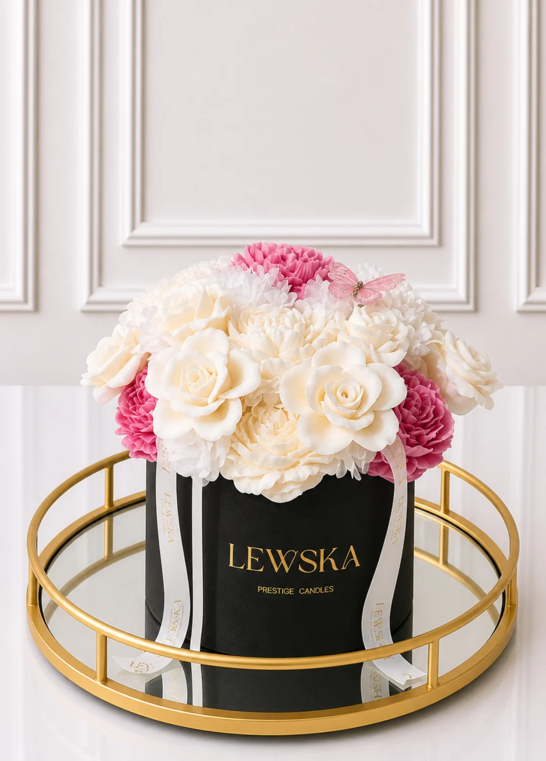 Flowerbox L kwiaty biało- malinowe. Kolor pudełka do wyboru