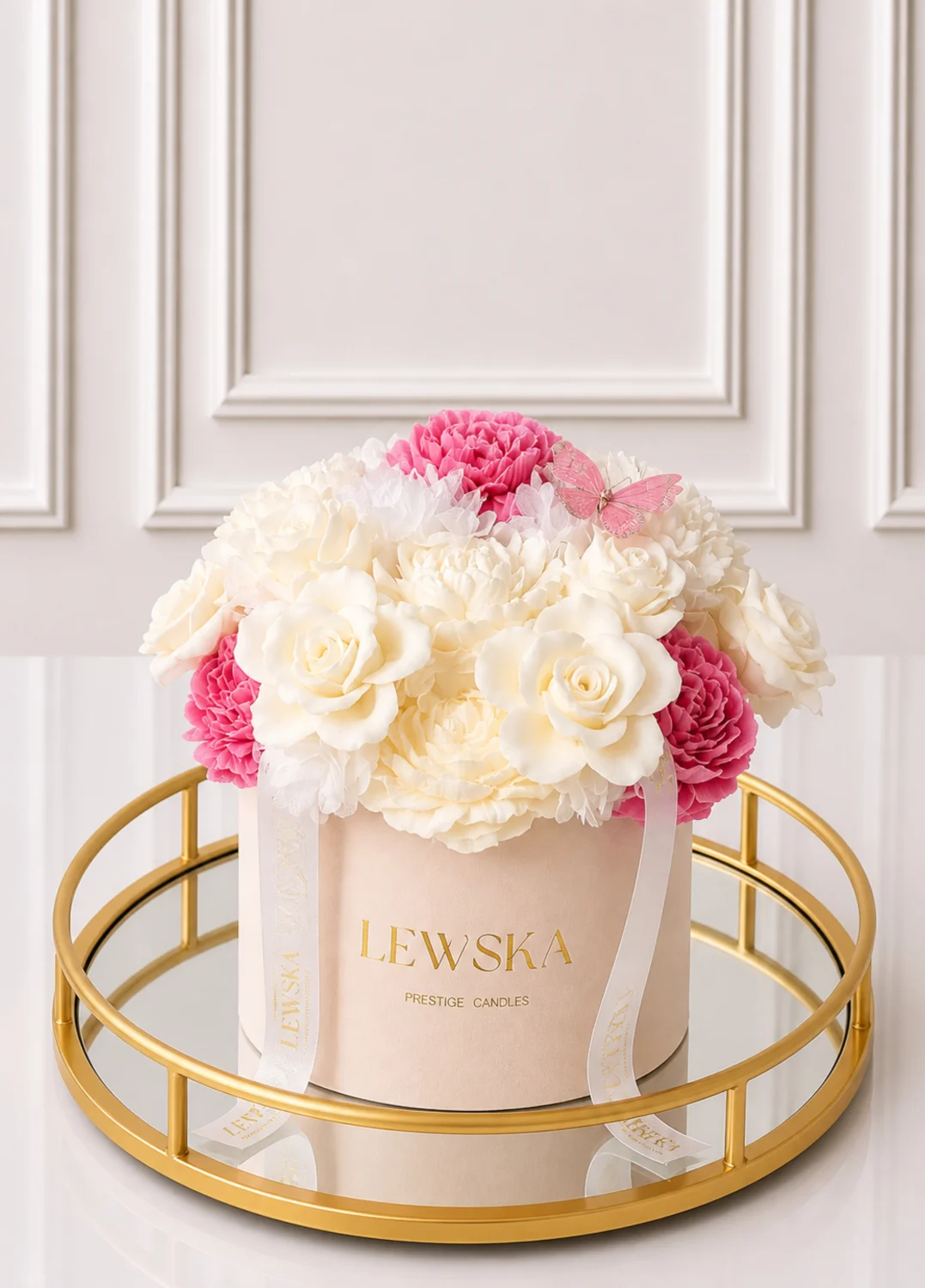 Flowerbox L kwiaty biało- malinowe. Kolor pudełka do wyboru