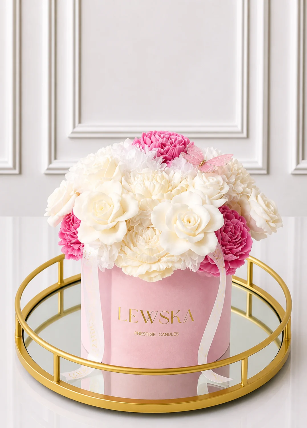 Flowerbox L kwiaty biało- malinowe. Kolor pudełka do wyboru
