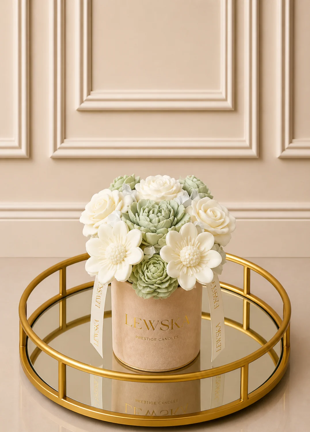 Flowerbox  sojowy M beż- kolor kwiatów biel-  matcha 