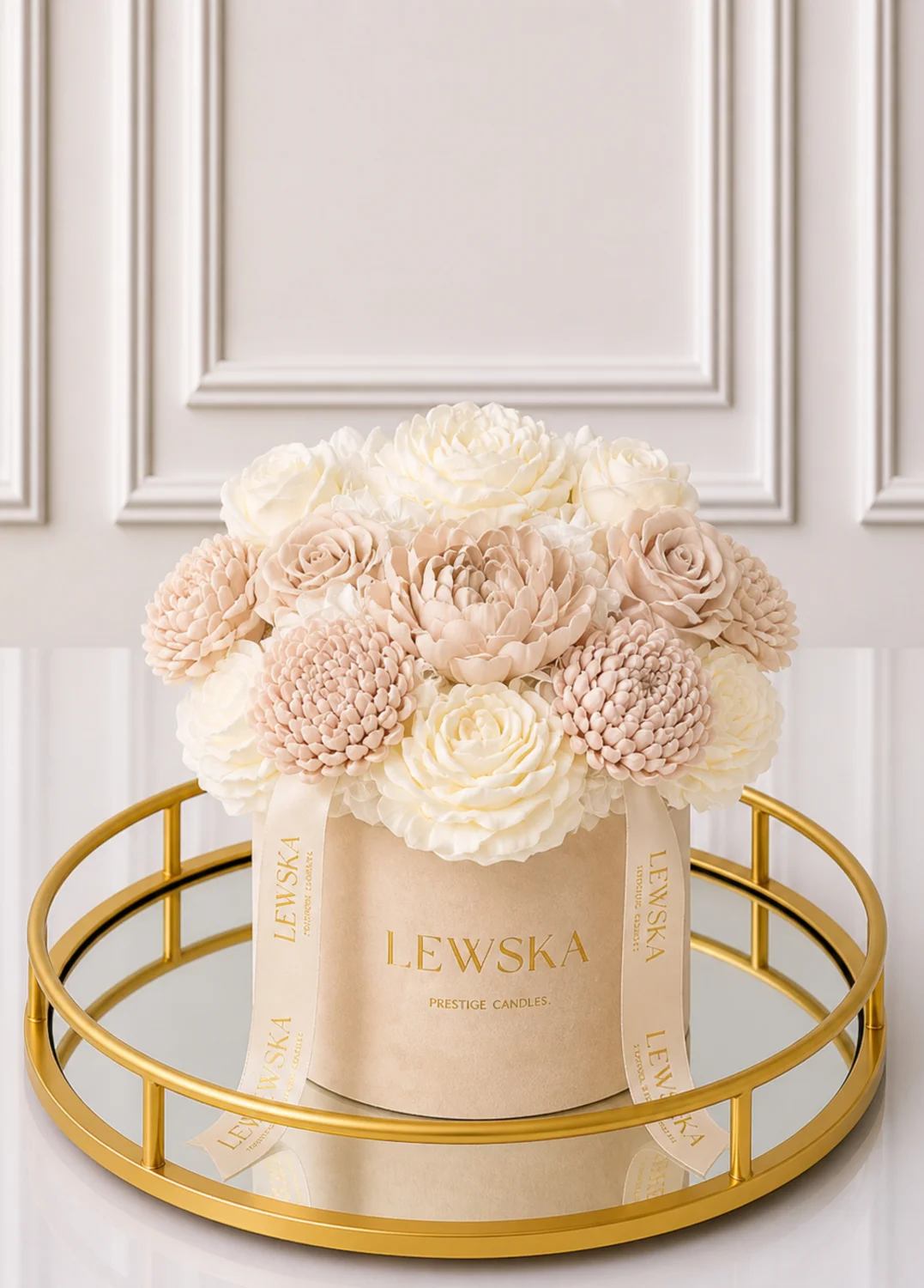 Flowerbox  L beżowy. Kwiaty biało beżowe