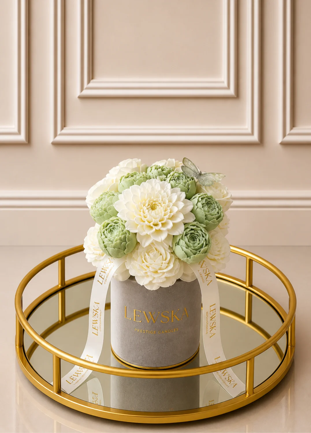 Flowerbox  sojowy M szary- kolor kwiatów biel-matcha