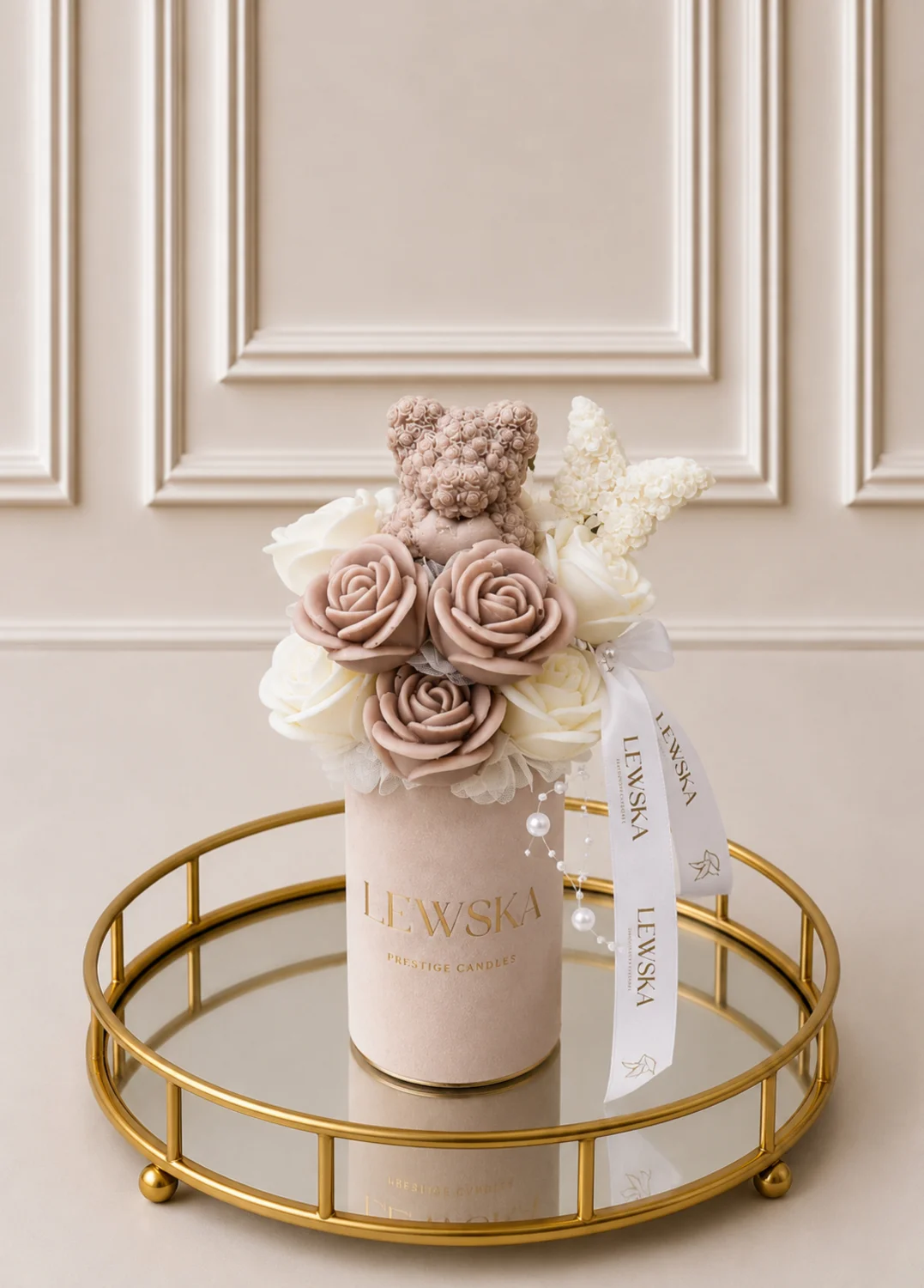 Flowerbox beżowy  Baby Shower/ Urodziny  z Misiem i Różam